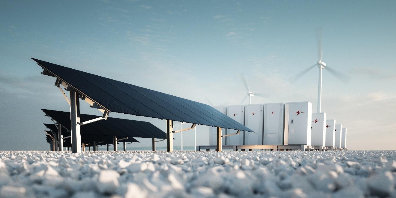 Solar panels paired with grid-scale battery energy storage systems and wind turbines